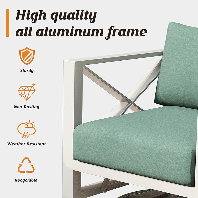 Aluminum Patio Furniture Set,5-Seats Patio Sectional Conversation Sofa with 6" All-Weather Cushions and 2 Swivel Rocking Chairs,Outdoor Furniture Set for Deck, Porch, Garden (White)