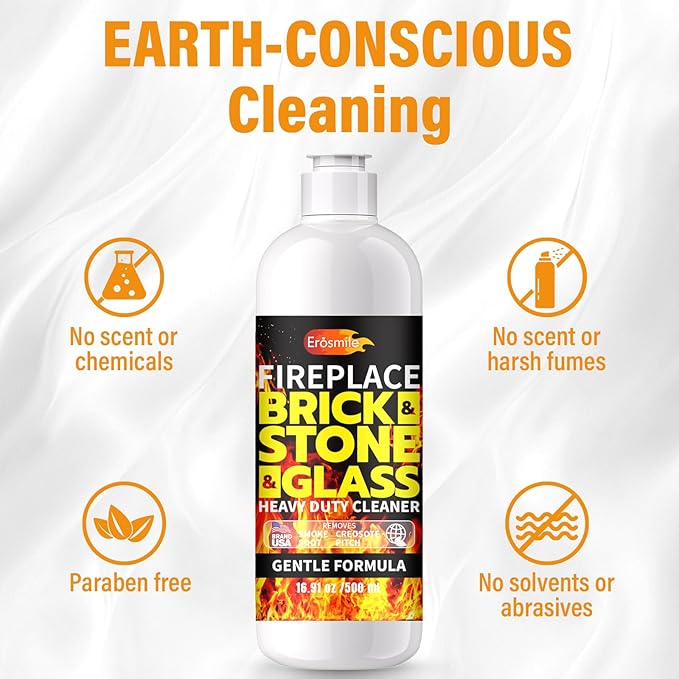 Fireplace Cleaning Set Fireplace Soot Remover with Scrub Brush for Brick, Stone, Rock, Tile, and Marble – Nonabrasive Brick Cleaner, Gentle Formula for Bricks & Glass Indoor and Outdoor -16 oz