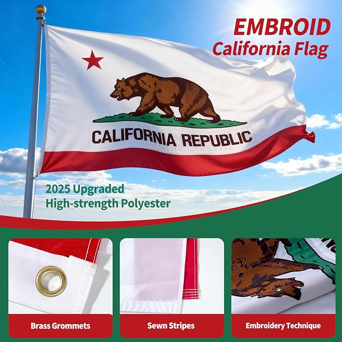 EMBROID California Flag 5x8,California State Flag,Fully Embroidery Technique,Tear Resistant,Sewn Stripes,Brass Grommets,Upgraded High-strength Polyester Fabric,All Weather Durable State Flags.