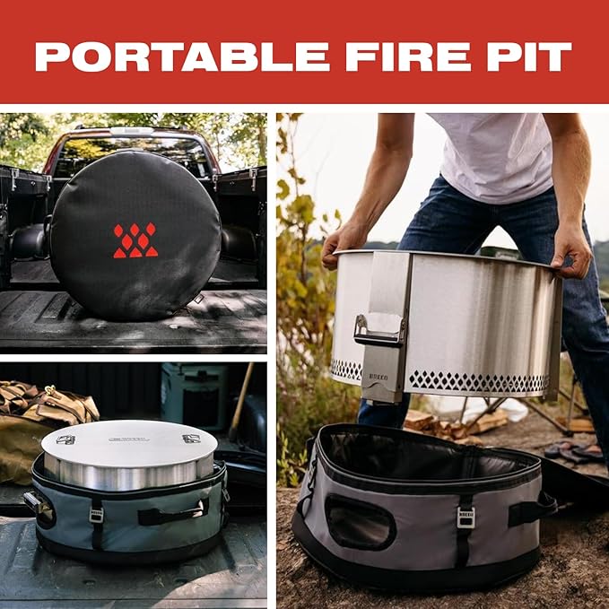 Breeo Smokeless Fire Pit to-Go Bundle (Y Series Stainless Steel, Outpost Grill & to Go Case) | 21 inch Smokeless Firepit for Outside | Ideal for Families, Gifts for Dad