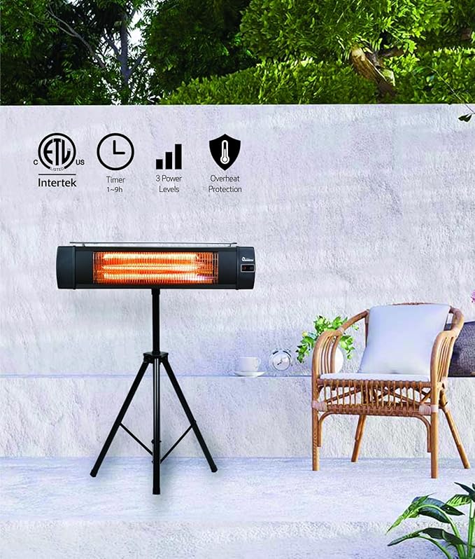 Dr Infrared Heater DR-338 Carbon Infrared Patio Heater with Tripod & Tip-Over Protection, 12.5 Feet Long Extension Cord, Black
