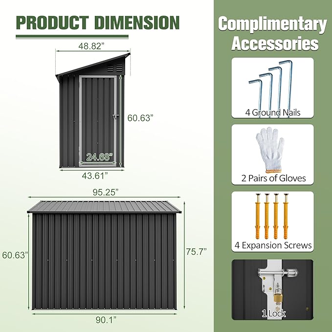 4x8 FT Lean to Metal Shed,Outdoor Storage Shed W/Floor Frame & Reversible Installation,All Weather Waterproof Garden Tool House W/Lockable Door & 2 Air Vents,for Backyard,Patio,Lawn,Black