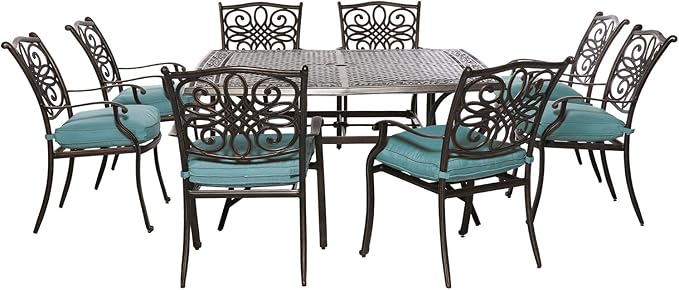 Hanover Traditions 9-Piece Patio Dining Set with 60" Square Cast-Top Dining Table and 8 Chairs with Blue Cushions, Modern All Weather Outdoor Dining Set with Rust-Resistant Aluminum Frames