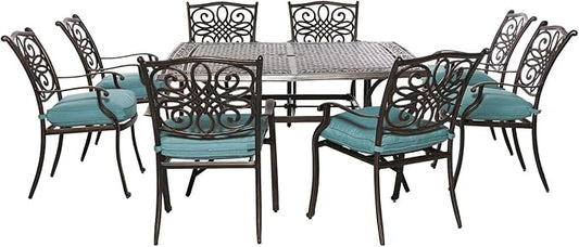 Hanover Traditions 9-Piece Patio Dining Set with 60" Square Cast-Top Dining Table and 8 Chairs with Blue Cushions, Modern All Weather Outdoor Dining Set with Rust-Resistant Aluminum Frames