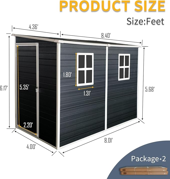 4x8 ft Outdoor Resin Storage Shed with Floor and 2 Windows, Waterproof Plastic Garden Shed with Lockable Door and Air Vents, All-Weather Tool Sheds for Backyard, Patio, Lawn (Black)