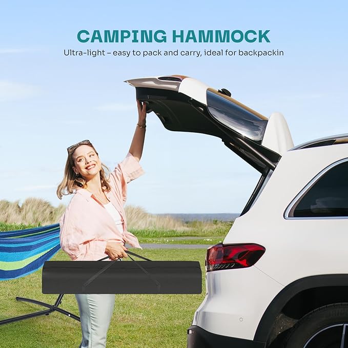 NEWBULIG Double Hammock with Stand, Heavy Duty Portable Hammocks for Outdoor Indoor Patio Camping, Space Saving Design & Carry Bag, Easy Assembly, 450lb Weight Capacity, Blue & Green