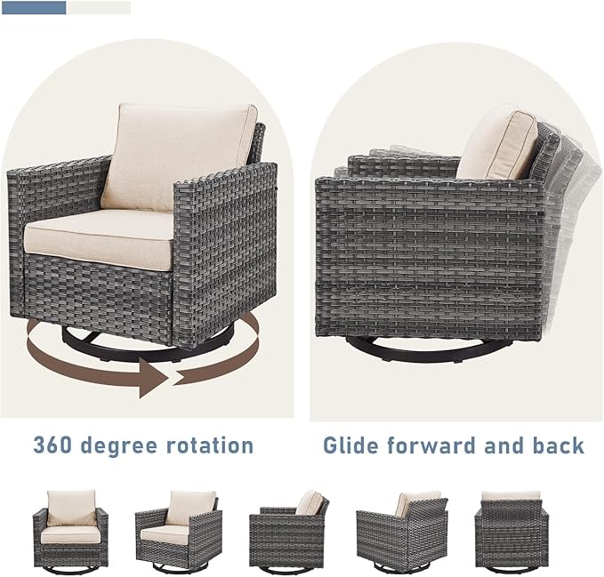 Wicker Patio Furniture Set：7 Piece Outdoor Patio Furniture Set with 2 Swivel Patio Chairs 2 Single Chairs a Coffee Table and 2 Ottomans, Grey Wicker/Beige Cushion
