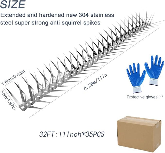 Bird Spikes 32 FT Stainless Steel Bird Deterrent, Snake and Raccoon Deterrent, Squirrel Baffles for Bird Feeders, Anti Climb Spikes, Prevent Squirrels from Stealing The Bird Food