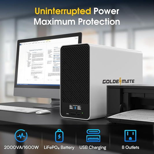 GOLDENMATE 2000VA/1600W Lithium UPS Battery Backup and Surge Protector, Backup Battery Power Supply with LiFePO4 Batteries(460Wh), AVR, Line Interactive Sinewave UPS System, 8 Outlets, LCD Display