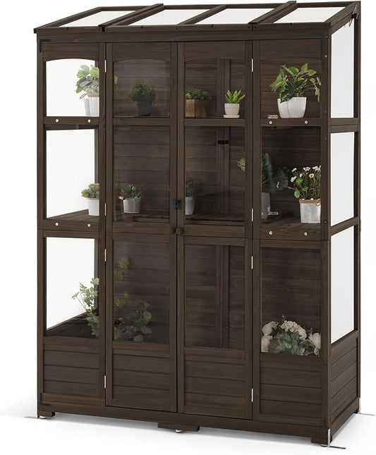 MCombo Wooden Greenhouse, Walk-in Outdoor Greenhouse with Openable Roof and Lockable Door, 0899 (Brown)