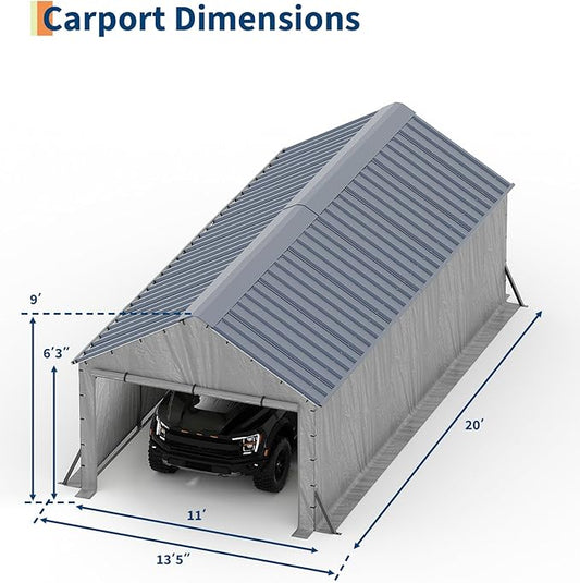 GarveeLife 11'x20'x9' Vertical Roof Metal Carport, Enclosed Car Ports with Heavy Duty Steel Frame, for All-Weather, for Full-Size Pickup Trucks, Boats, and Tractors