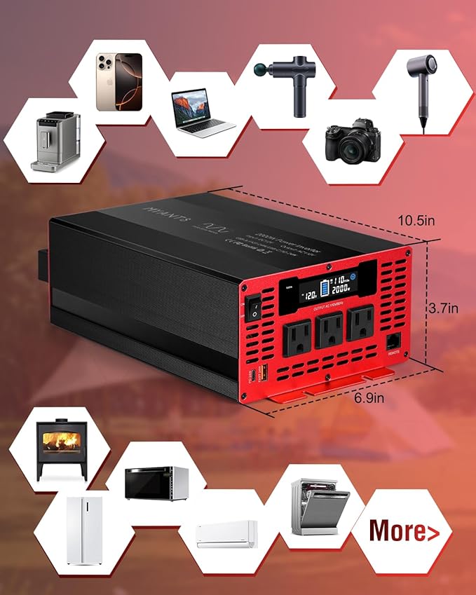 2000W Power Inverter Pure Sine Wave 12V DC to 110V 120V AC Converter, 4000W Peak Power Car Inverter with 3 AC Outlets,2 USB & Type-C,Remote Control LCD Display for Truck, RV, Vehicles, Solar Off-Grid