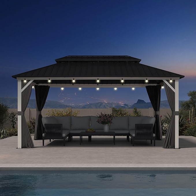 PURPLE LEAF 10' X 16' Outdoor Gazebo Galvanized Steel Double Roof White Aluminum Frame Hardtop Heavy Duty Gazebo with Curtain and Netting for Patio Garden and Backyard, Grey