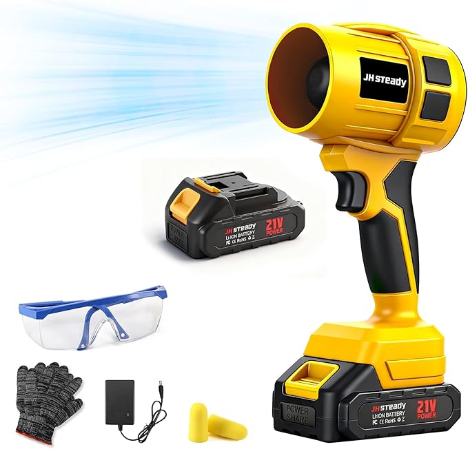 JH Steady 21V Cordless Handheld Leaf Blower - Variable Speed, 30000RPM Powerful Handheld Blower with Rechargeable Battery, Protective Gear for Home, Backyard, Driveway & Snow Removal