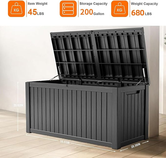 ROJIK Outdoor Storage Housing Deck Box - Waterproof Patio Furniture, Garden Tools, Cushions, Pool Accessories Storage Bench with Lockable Lid and Side Handles (Black, 200 Gal)