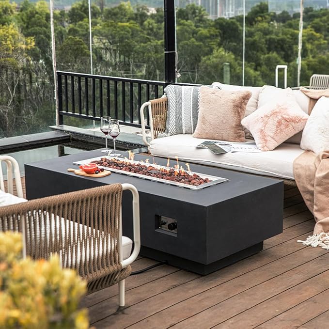 Granville Concrete Fire Pit 60" x 27" Outdoor Patio Firepit Includes Lava Rocks Modern Fire Pits & Outdoor Fireplaces for Garden, Deck, Indoor & Outdoor Heating
