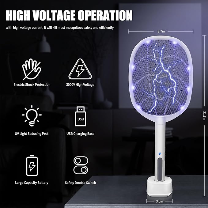 Lulu Home 2-in-1 Electric Bug Zapper Racket, 3000V High Voltage LED Lighted Handheld Mosquito Swatter with 3 Layer Safety Mesh, USB Charging Portable Fly Killer Racquet for Indoor Outdoor Use