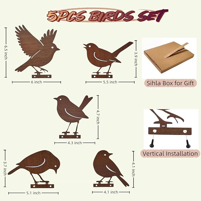 5PCS Rusty Metal Birds Decoration, Metal Birds Fence Decor, Outdoor Bird Wall Decor, Bird Silhouette Yard Art, Garden Sculptures & Statue Ornaments, Fence Decorations Outdoor, Rustic Garden Decor