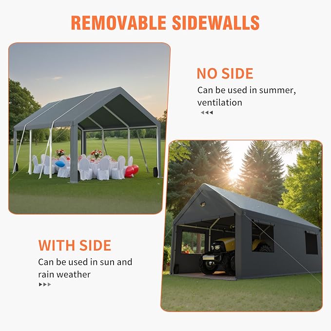 Car Ports 12x20 Heavy Duty,Carports with Sidewalls,Carport Canopy All Weather,Grey