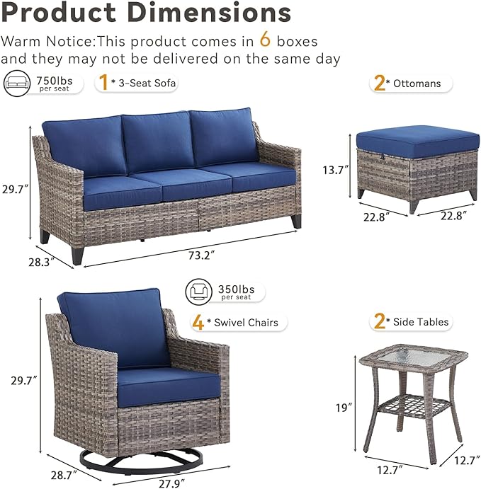 Wicker Patio Furniture Set-9 Pieces All-Weather Wicker Outdoor Furniture with Swivel Patio Chairs Outdoor Patio Conversation Sets for Garden Porch Deck Grey/Blue