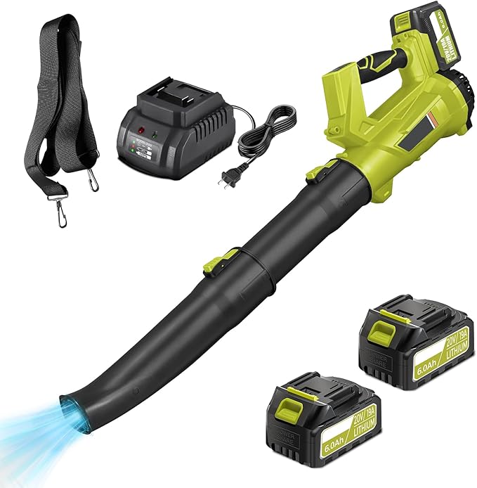 Cordless Leaf Blower with Battery and Charger，540 CFM/170 MPH,Battery Powered with 2 x 6.0Ah Batteries,6-Speed & Turbo Mode,Lightweight for Lawn Care,Patio,Leaves,Dust,and Snow Removal,Green