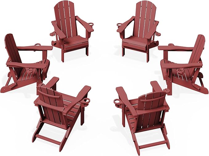 KINGYES Folding Adirondack Chair Set of 6, Dual Cup Holders & All-Weather HDPE, Wood-Like Patio Chair for Backyard, Camping, Pool & Fire Pit, Dark Red