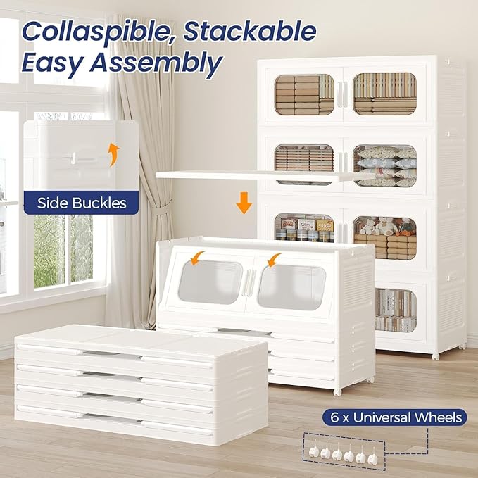 600QT Large Stackable Storage Bins with Lid, 150Gal Plastic Collapsible Closet Organizers Drawers Box with Wheels, Folding Cabinet Containers with Doors for Home Kitchen Office, 3Pack White