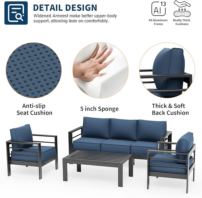 UDPATIO 6 Piece Aluminum Patio Furniture Set, Oversized Modern Outdoor Furniture Set with Olefin Fabric Cushion for Patio Deck Backyard, Dark Grey/Navy(with Waterproof Covers)