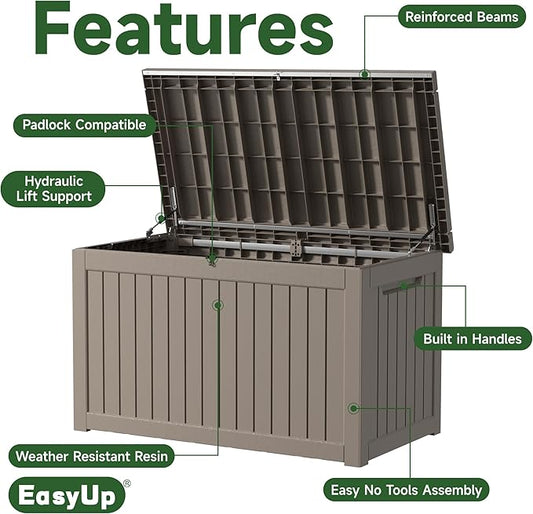 EasyUp 230 Gallon Outdoor Storage Box Waterproof, UV Resistant Resin Deck Box with Hydraulic Rod, Reinforced Stability for Patio, Garden, Striped Gray