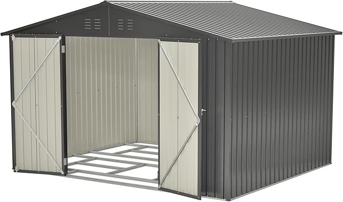 8x10 FT Outdoor Storage Shed, Metal Garden Shed with Frame Floor, Outside Tool Shed with Lockable Hinged Doors, Waterproof Storage Building with Sloped Roof for Backyard, Patio, Lawn, Black