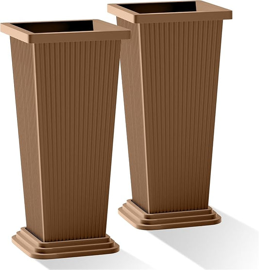Set of 2 Large Planters for Outdoor Plants 24" Tall Tapered Modern Flower Pots with Drainage Tray for Garden, Patio, Porch (Brown Ribbed)