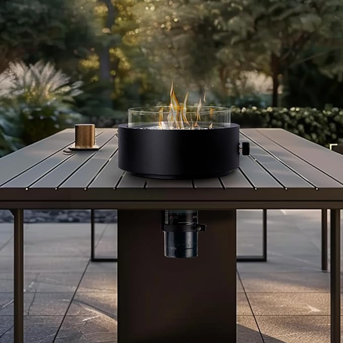 14-inch Tabletop Propane Fire Pit, Outdoor Gas Umbrella-Hole Fire Pit, Portable Fireplace Round Fire Bowl with Wind Glass Guard, Glass Rocks - Black