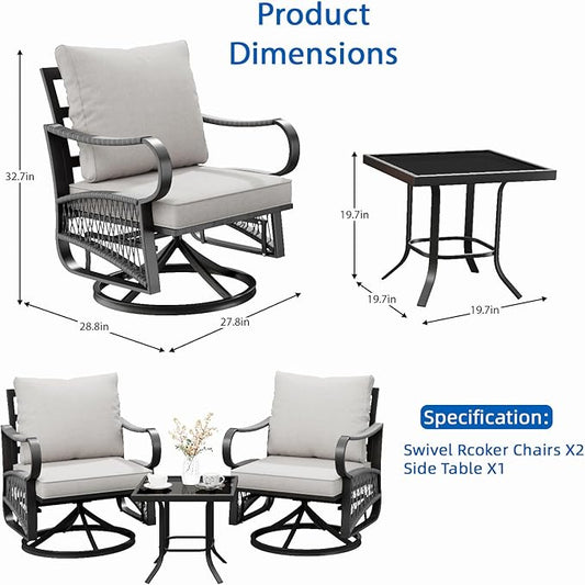 3 Piece Patio Furniture Set, Rope Woven Outdoor Conversation Set with High Back Metal Swivel Chairs and Coffee Table, Thick Cushions for Garden, Porch, Beige