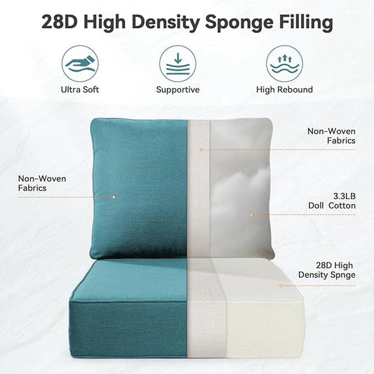 6" Thick Outdoor Cushions 22x24x6, 3-Set Deep Seat Patio Cushions with Removable Cover, Waterproof & Fade Resistant Replacement for Wicker Chair, Loveseat, Sofa - Peacock Green