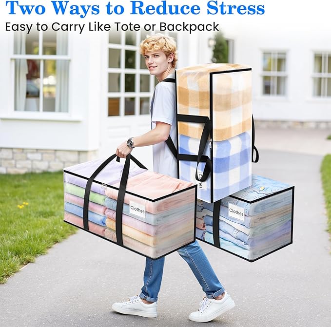 BlissTotes 8-Pack Large Moving Bags with Backpack Straps & Strong Zippers, Heavy-Duty Storage Bags Moving Boxes for Space Saving, Dorms, Transport, 93L-25 Gallons, Clear