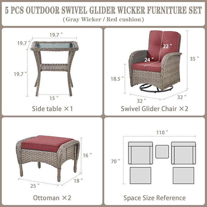 Belord 5 Pieces Wicker Patio Furniture Set - Swivel Rocker Outdoor Chairs with Ottomans and Side Table, Small Patio Conversation Set for Porch Deck Backyard Red