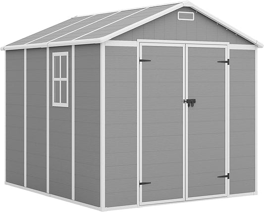 Amopatio 8x8 FT Storage Shed, Resin Outdoor Shed with Floor Included, Plastic Sheds Outdoor Storage for Bike, Garden Tools, Sheds & Outdoor Storage with Lockable Door, Window & Vents, Grey & White