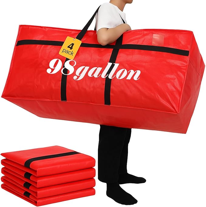 Windyun 4 Pack 98 Gallon Extra Large Storage Bags XXL Moving Bags with Zipper Handles Heavy Duty Jumbo Big Tote Box for Christmas Tree Storage 4, 5, 7.5, 9, 10, 12 ft Skeleton College Dorm(Red)