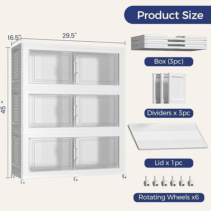 480 QT Extra Large Stackable Storage Bins with Lid, 120 Gal Collapsible Storage Box with Wheels, Folding Closet Organizers and Storage Cabinet with Doors for Home, Kitchen, Office, 3Pack White