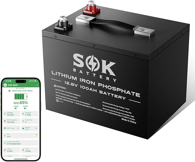 SOK Battery LiFePO4 Lithium Battery Built-in Heater, BMS Protection Low-temp Protection, Cycles 1280Wh 12V Deep Cycle LiFePO4 Battery for Trolling Motors Boat Marine RV, and Solar