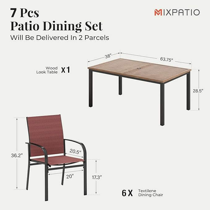 7 Pieces Patio Table and Chairs Set, Patio Dining Set for 6, 6 Textilene Chairs and 1 Wood-Like Rectangle Steel Table with Umbrella Hole, for Deck Backyard Lawn Poolside, Red