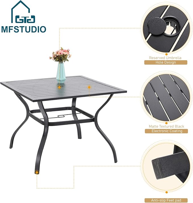 MFSTUDIO 5 PCS Patio Dining Set Outdoor Table and Chairs Set for 4, Square Metal Table with 4 Pieces Textilene Patio Dining Sling Chair, Outdoor Dining Table and Chairs Set for Patio