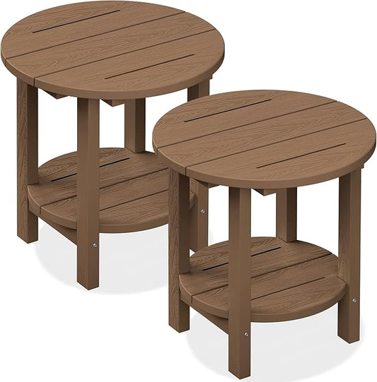 SERWALL Round Outdoor Side Table Set of 2, HDPE Small Adirondack Double End Table, Brown