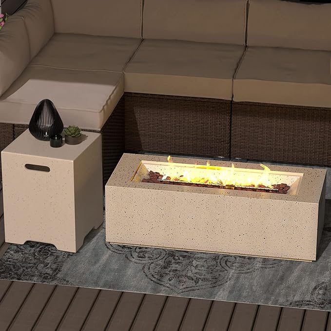 SUNBURY Outdoor Propane Fire Pit Table, 42 Inch Rectangular Firepit 40,000 BTU Heater Spotted White Patio Gas Fire Table Set with Conrete Tank Cover Small Side Table for Outside Poolside Deck