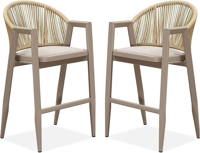 PURPLE LEAF Outdoor Bar Stool Set of 4 Wicker Bar Stools Rattan Bar Height Stool Bar Chairs Aluminum Barstool for Patio Kitchen Island Lawn Champagne