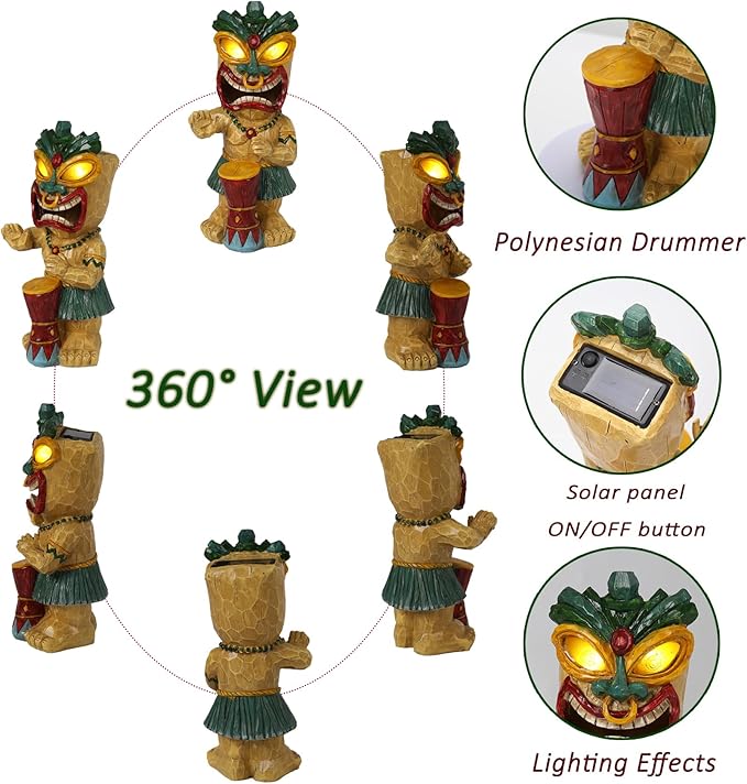 halp·ssfm Solar Tiki Garden Statue with LED Eyes Outdoor Polynesian Drummer Hawaiian Party Decor Solar Light Ornament for Patio Porch Lawn Tiki Bar or Tiki Lover Funny Stocking Stuffers Gifts