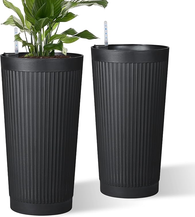 24" Tall Self Watering Planters for Indoor Plants, 2 Pack Large Plastic Outdoor Planter Pots with Built-In Water Reservoir and Level Indicator, Decorative Modern Flower Pots for Home & Patio (Black)