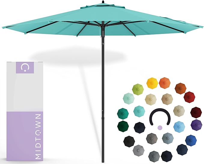 Midtown Umbrellas Push Pop Sunbrella Umbrella 10 Feet Large Outdoor Umbrella With Aruba Acrylic Fabric - Deck Patio Umbrella, Backyard Umbrella, Garden Umbrella & Pool Umbrella - Black Pole