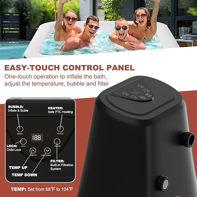 LILYPELLE 4-6 Person Inflatable Hot Tub, Square Portable Hot Tub with 130 Bubble Jets, Large Outdoor Spa Bathtub Set with Heater Pump, Filter and Insulated Cover, 73" X 73" X 25"