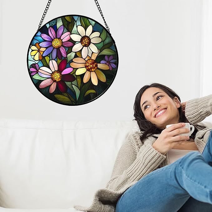 CRISGIF Stained Glass Window Hanging - Colorful Daisies Suncatcher for Door Garden Patio Retro Flower Sun Catchers Decor Christmas Mother's Day Birthday Gifts for Women Mom Nana Aunt Friend 6.3 in